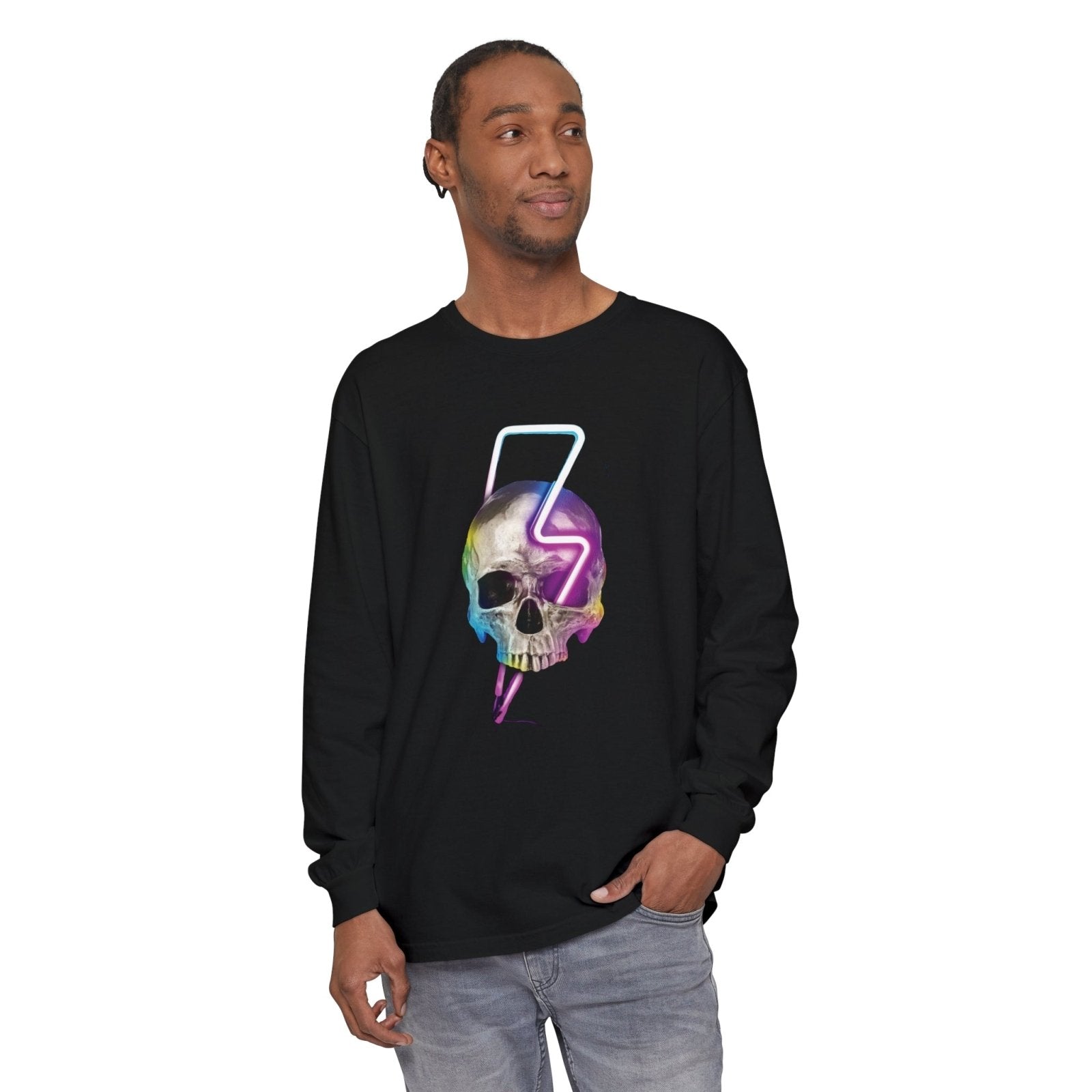 Unisex Long Sleeve T-Shirt - Neon Lightning Bolt Skull Design - BuildFastFormula