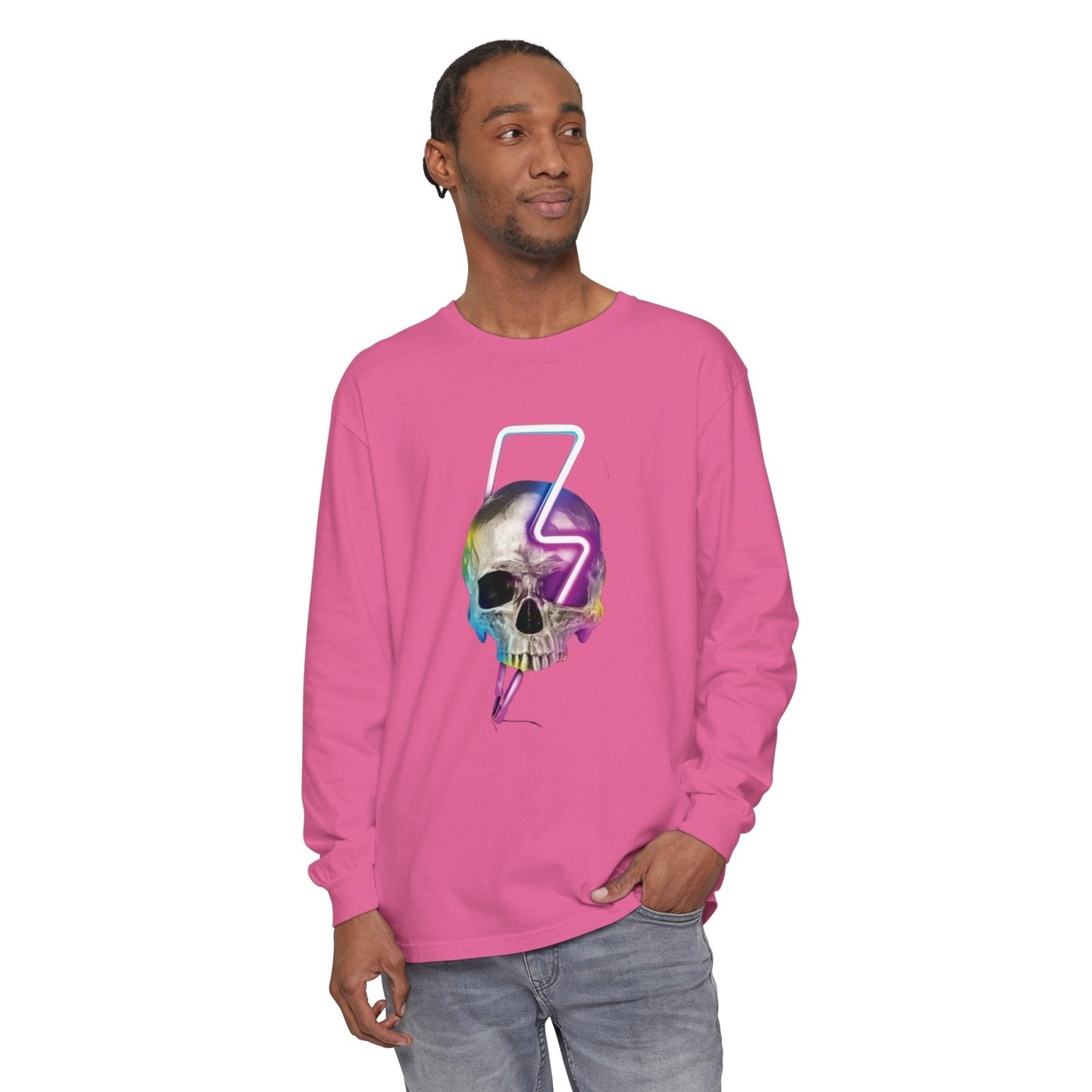 Unisex Long Sleeve T-Shirt - Neon Lightning Bolt Skull Design - BuildFastFormula