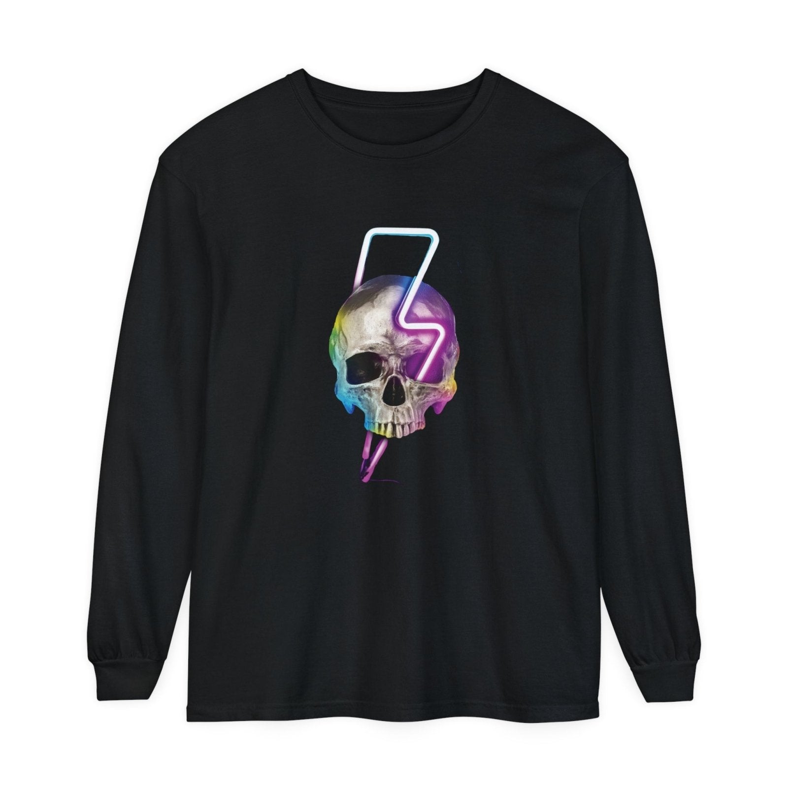 Unisex Long Sleeve T-Shirt - Neon Lightning Bolt Skull Design - BuildFastFormula