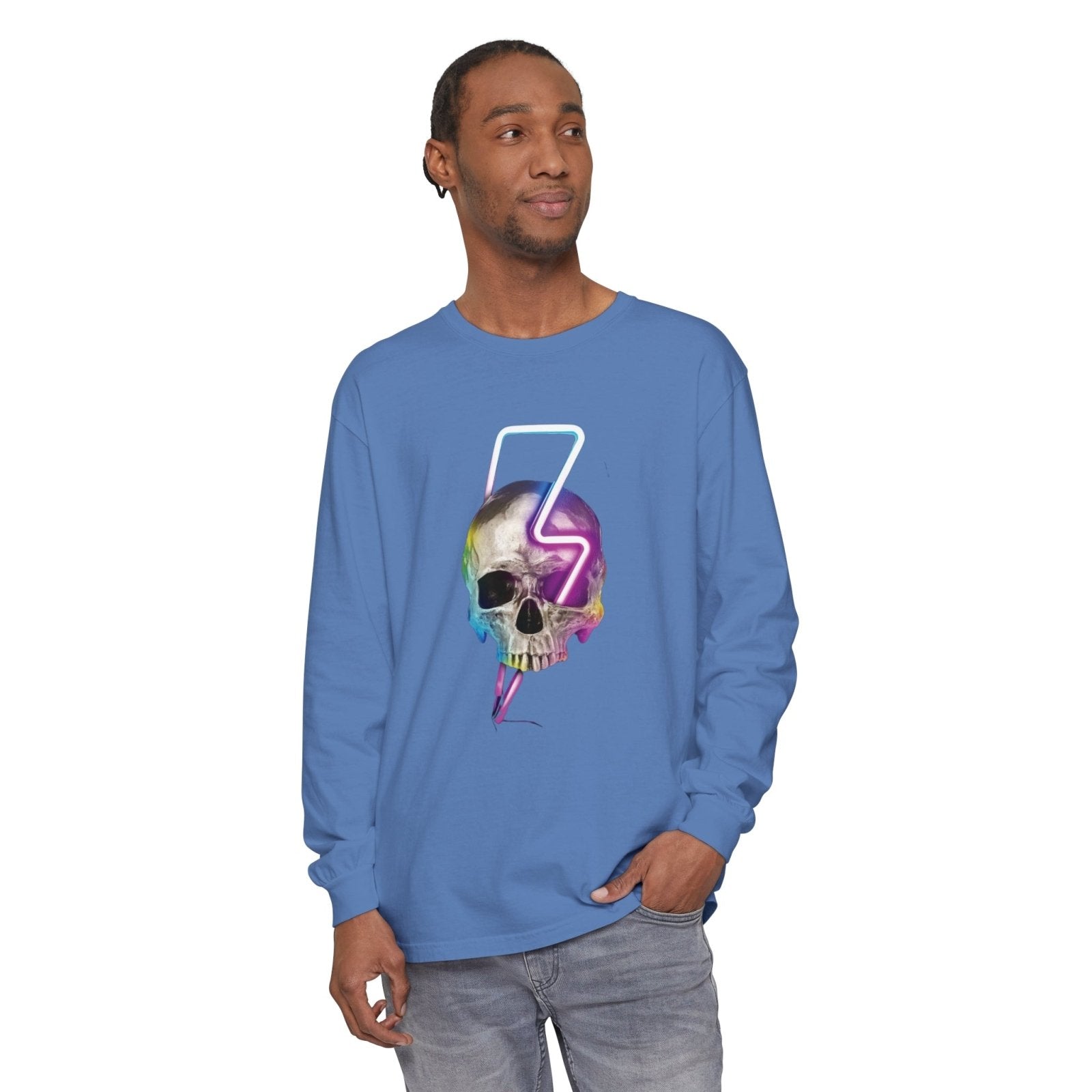 Unisex Long Sleeve T-Shirt - Neon Lightning Bolt Skull Design - BuildFastFormula