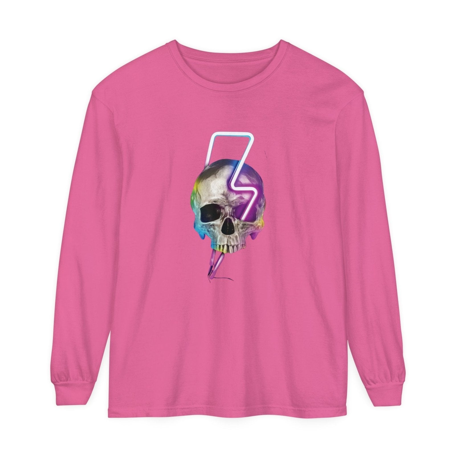 Unisex Long Sleeve T-Shirt - Neon Lightning Bolt Skull Design - BuildFastFormula