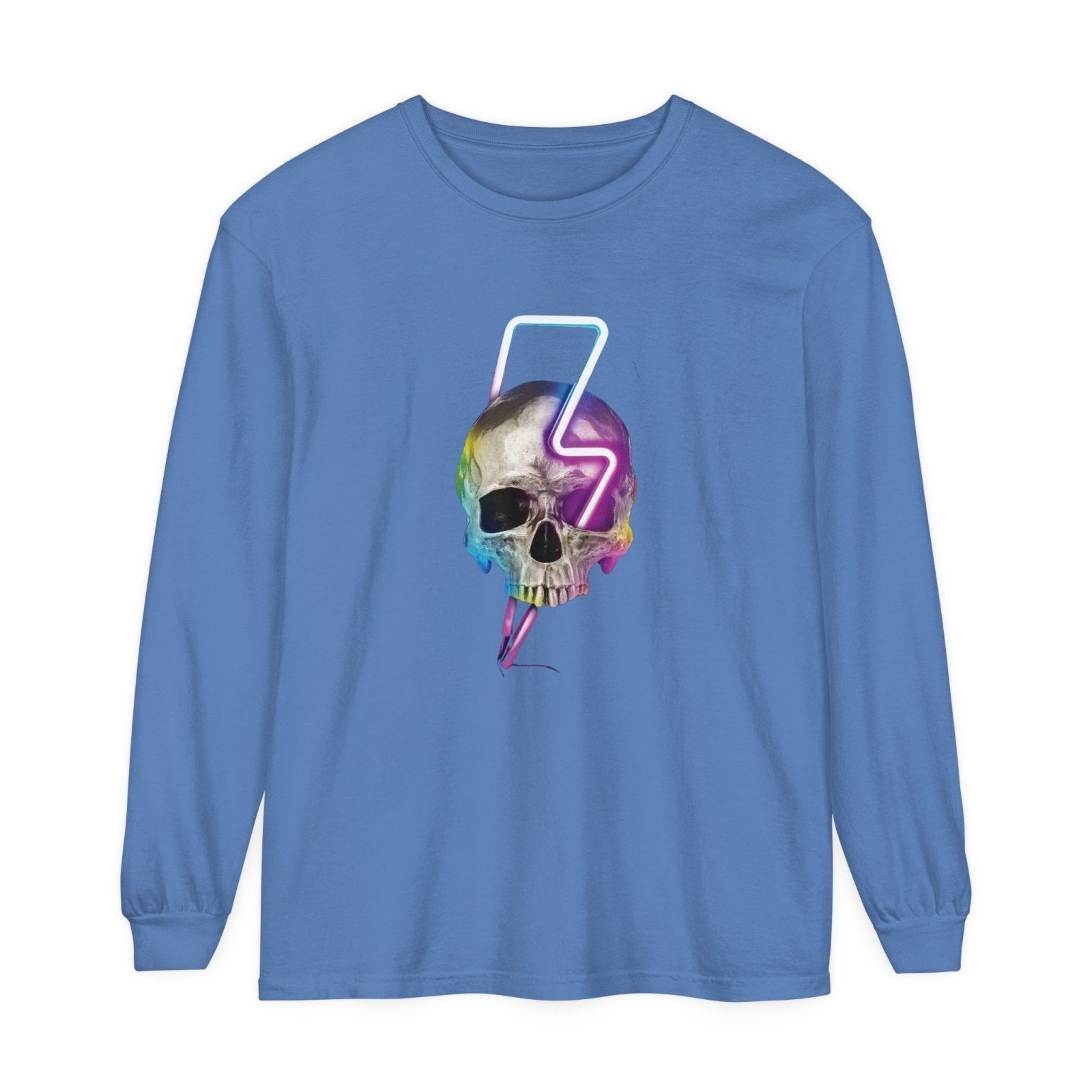 Unisex Long Sleeve T-Shirt - Neon Lightning Bolt Skull Design - BuildFastFormula